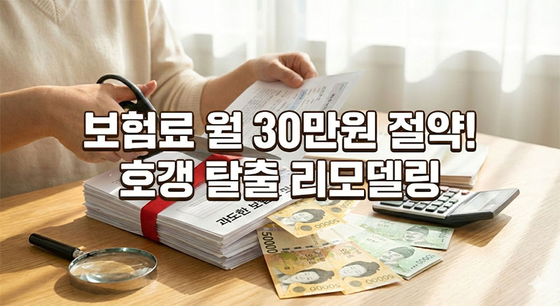 보험 증권을 가위로 자르자 현금이 나오는 모습, 계산기와 돋보기, 보험료 절약 리모델링