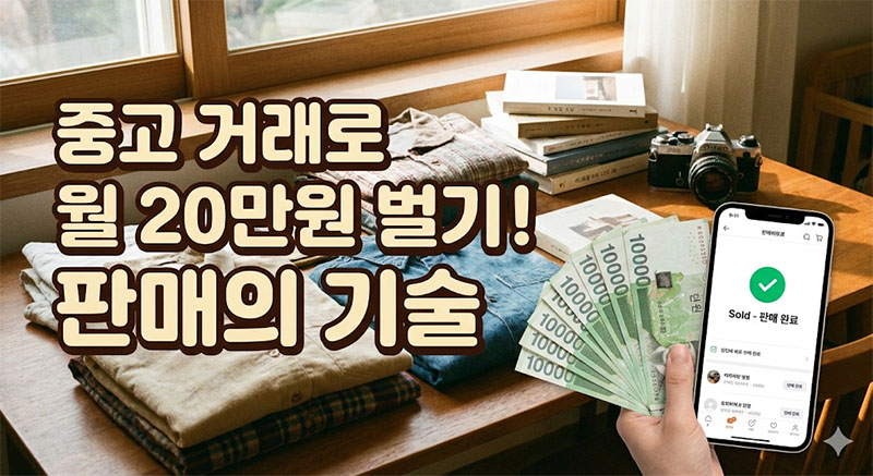 중고 물품 판매 완료 알림이 뜬 스마트폰과 현금을 들고 있는 모습, 중고 거래 부수입 만들기 가이드
