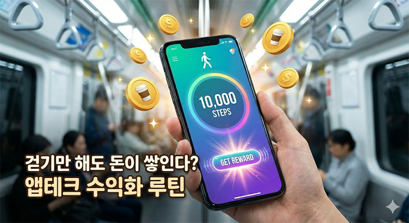 만보기 앱으로 포인트를 적립하는 스마트폰 화면과 동전 이미지, 앱테크와 기프티콘 재테크 가이드