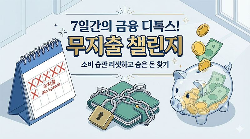 7일 동안 지출을 멈추는 무지출 챌린지를 통해 지갑을 잠그고 저축을 늘리는 모습을 표현한 3D 아이소메트릭 일러스트 (문구 포함)