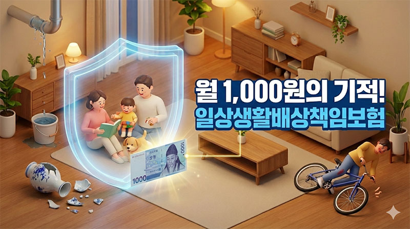 아랫집 누수와 각종 생활 사고를 월 1,000원으로 보장해 주는 일상생활배상책임보험의 개념을 표현한 3D 일러스트