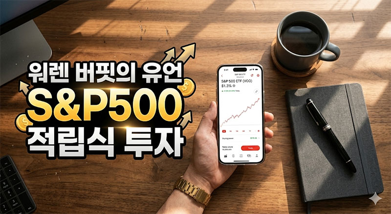 스마트폰 주식 앱에 꾸준히 우상향하는 S&P500 ETF 수익률 그래프가 띄워져 있는 직장인 책상 사진