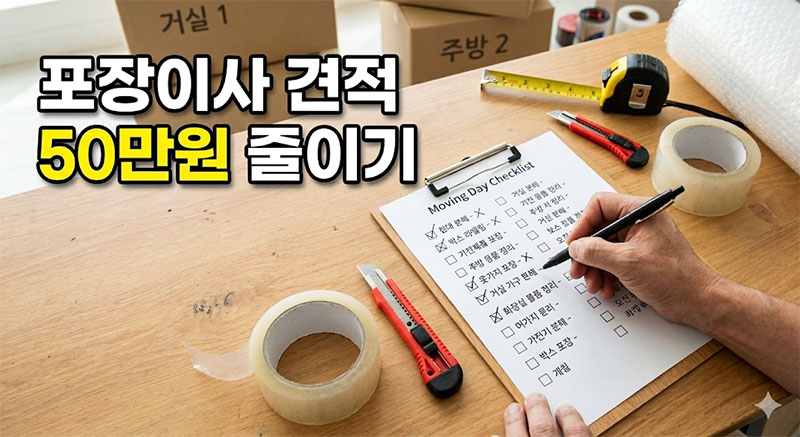 직장인이 이사 비용 견적을 50만원 줄이기 위해 반포장이사를 선택하고 꼼꼼하게 이사 체크리스트를 확인하는 모습