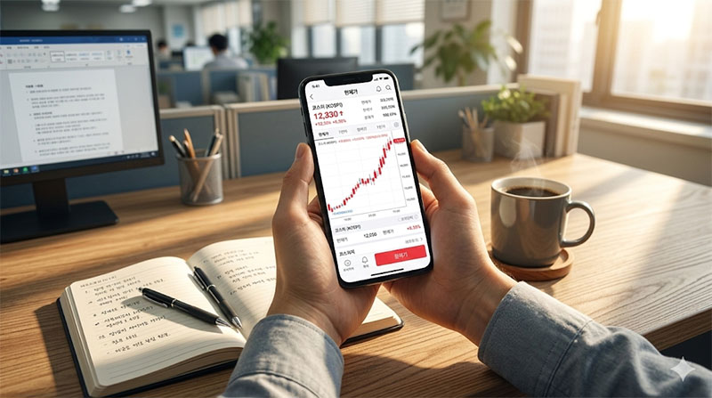 소소머니365 이 책상에서 스마트폰 주식 차트와 다이어리를 보며 재테크를 연구하는 1인칭 시점의 모습